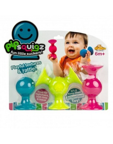 Fat Brain PipSquigz lipšniukai barškučiai - pakuotės vaizdas baltame fone ir sėdintis kūdikis