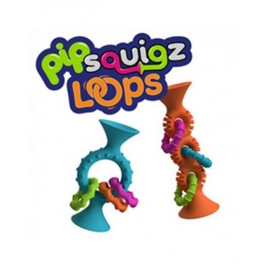 PipSquigz Loops mėlynas lipšniukas - barškutis kūdikiams ir oranžinis kramtukas šalia