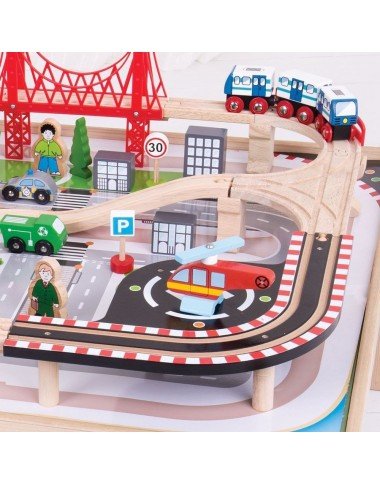 Bigjigs traukinukų trasa su stalu - Mediniai traukinukai