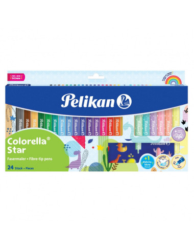 Pelikano flomasteriai Colorella Star +trafaretas, 24 sp.- Nuplaunami flomasteriai vaikams