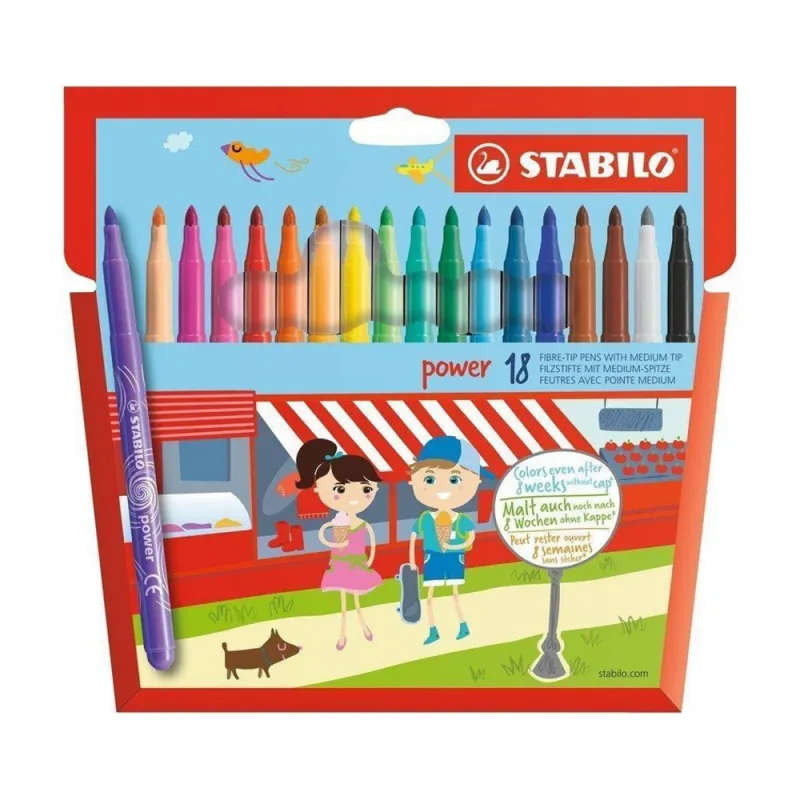 Stabilo nedžiūstantys flomasteriai Power, 18 sp. - Nedžiūstantys nuplaunami flomasteriai vaikams