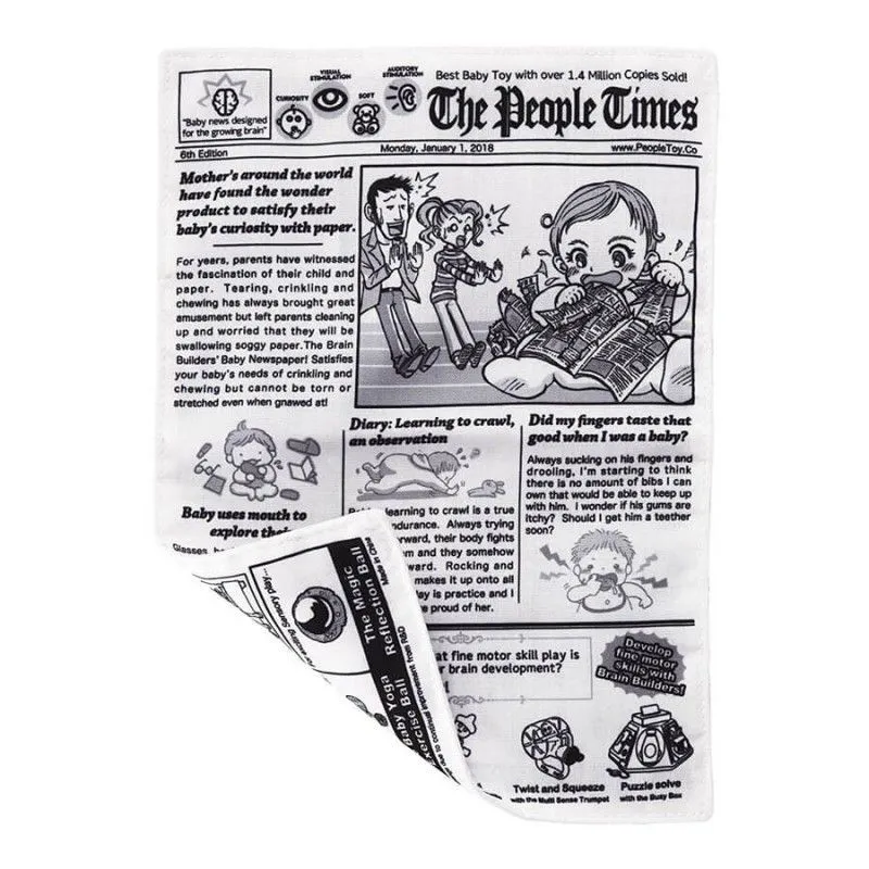 Juodai baltas sensorinis laikraštis kūdikiui su čežančiu garsu baltame fone