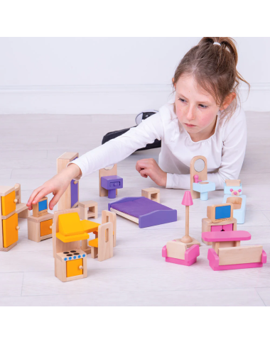 Bigjigs medinių baldų rinkinys lėlėms - Lėlių namai