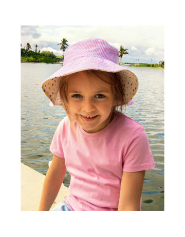 Vasarinės kepurės mergaitėms abi pusės: rausva ir su širdelėmis