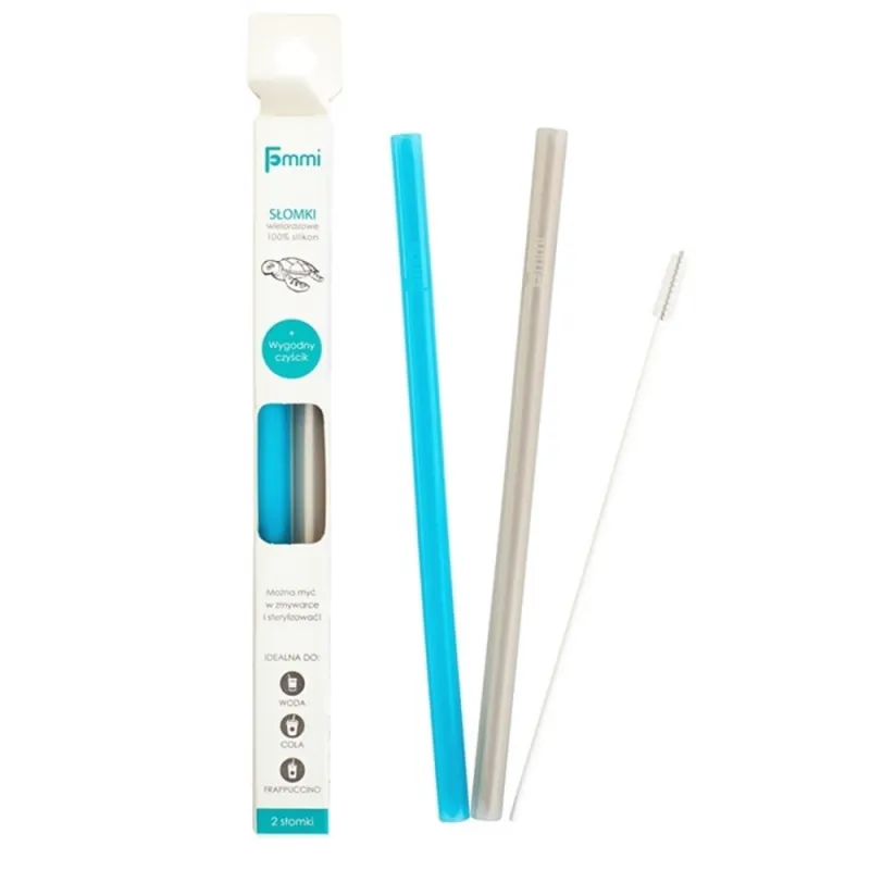 Fommi daugkartiniai silikoniniai šiaudeliai - 2 vnt. ir šepetėlis Fommi daugkartiniai silikoniniai šiaudeliai - 2 vnt. ir šepetėlis