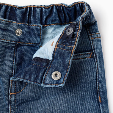 ZIPPY mėlyni džinsai (6/9-24/36 mėn) iš arti, matosi reguliuojamas juosmuo