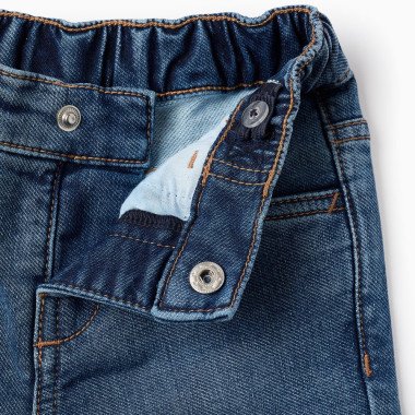 ZIPPY mėlyni džinsai (6/9-24/36 mėn) iš arti, matosi reguliuojamas juosmuo