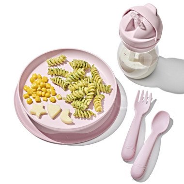 OXO prilimpanti vaikiška lėkštė Rausva su derančiais įrankiais ir gertuve