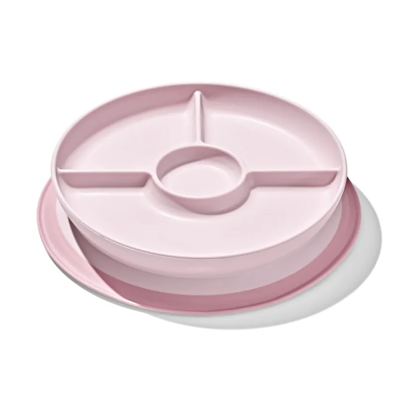 OXO prilimpanti vaikiška lėkštė su skiltimis Rausva iš šono OXO prilimpanti vaikiška lėkštė su skiltimis Rausva iš šono