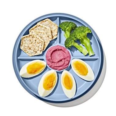 OXO prilimpanti vaikiška lėkštė su skiltimis Melsva iš viršaus su kiaušiniais, brokoliais ir trapučiais