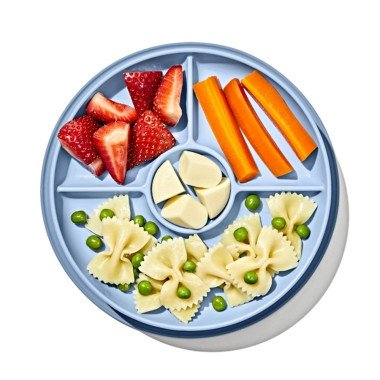 OXO prilimpanti vaikiška lėkštė su skiltimis Melsva iš viršaus su maistu viduje