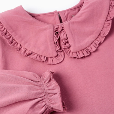 ZIPPY rausvi marškinėliai ilgomis rankovėmis (3/4-11/12 m) iš arti, matosi kalnierius ir raukti rankogaliai