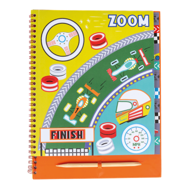 Spalvinimo su folija knygelė Lenktynės ir vienas iš jos spalvinimo puslapių