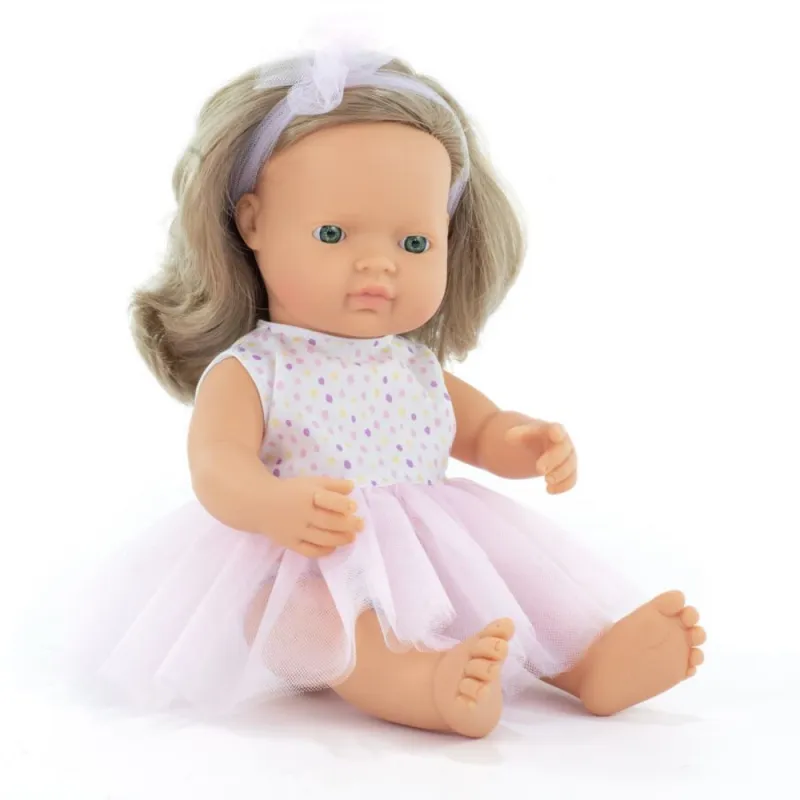 Miniland lėlė mergaitė rausva suknele (šviesiaplaukė, 38 cm) Miniland lėlė mergaitė rausva suknele (šviesiaplaukė, 38 cm)