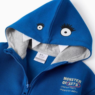 ZIPPY mėlynas džemperis Monstriukas (6/9-24/36 mėn) iš arti, matosi kapišonas su monstriuku