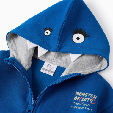 ZIPPY mėlynas džemperis Monstriukas (6/9-24/36 mėn) iš arti, matosi kapišonas su monstriuku