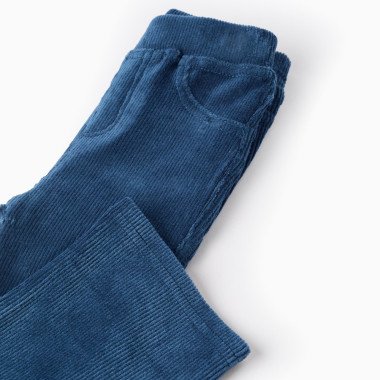 ZIPPY mėlynos velvetinės kelnės (6/9-24/36 mėn) iš arti, matosi platėjančios klešnės