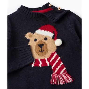 ZIPPY Kalėdinis mėlynas megztukas (6/9-24/36 mėn) iš arti, matosi meškiukas