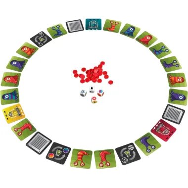 Kortų žaidimas Panic Lab, kortelės išdėliotos ant stalo