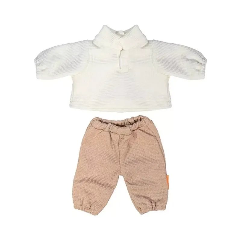 Miniland rusvas komplektas lėlei (38 cm) - baltas megztukas ir rusvos kelnės