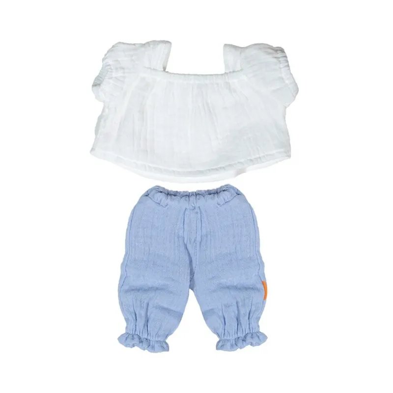 Miniland melsvas komplektas lėlei (38 cm) - balti marškinėliai ir melsvos kelnės