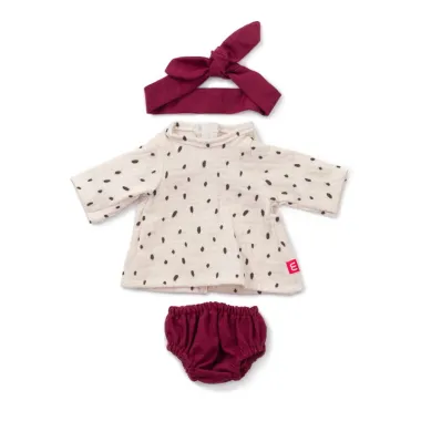 Miniland 3 rūbų komplektai lėlei (38 cm) - bordinis rūbų rinkinys lėlytei