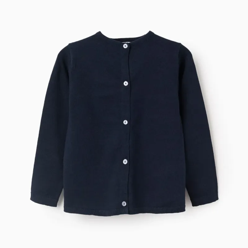 Tamsiai mėlynas užsegamas megztukas mergaitėms (3/4-13/14 m) -vaizdas iš priekio