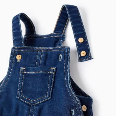 ZIPPY džinsinis kombinezonas kūdikiams (0/1-9/12 mėn) - petnešos iš arti, jų užsegimas sagomis