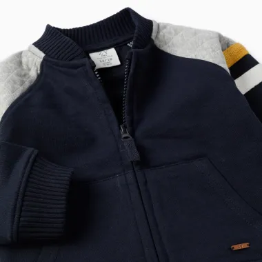 Tamsiai mėlynas užsegamas džemperis (6/9-24/36 mėn) - užtrauktuko vaizdas iš arti