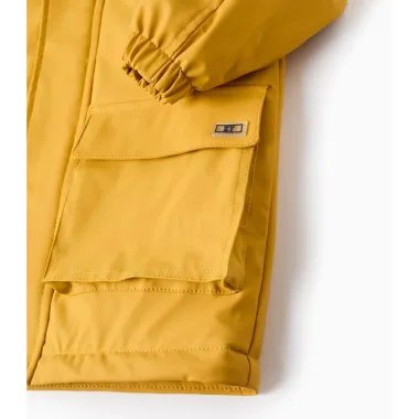 Geltona lietaus striukė (3/4-13/14 m) - kišenės ir rankogalių vaizdas iš arti