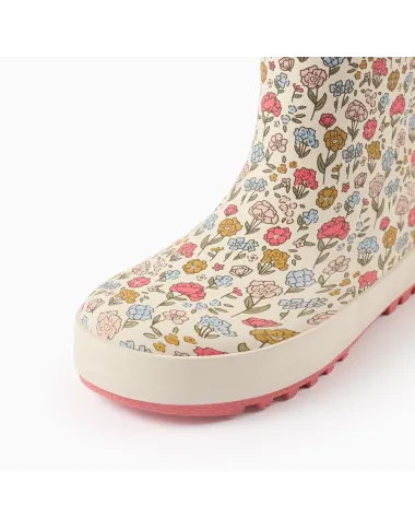 Gėlėti guminiai batai mergaitėms (25-32) - vienas batas pakeltas, matosi neslystantis padas