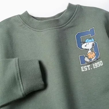 Žalias medvilninis džemperis Snoopy (6/9-24/36 mėn) - priekio vaizdas iš arti