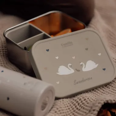 Rinkinys Gulbių pertraukėlė - metalinė pietų dėžutė iš arti ant pleduko