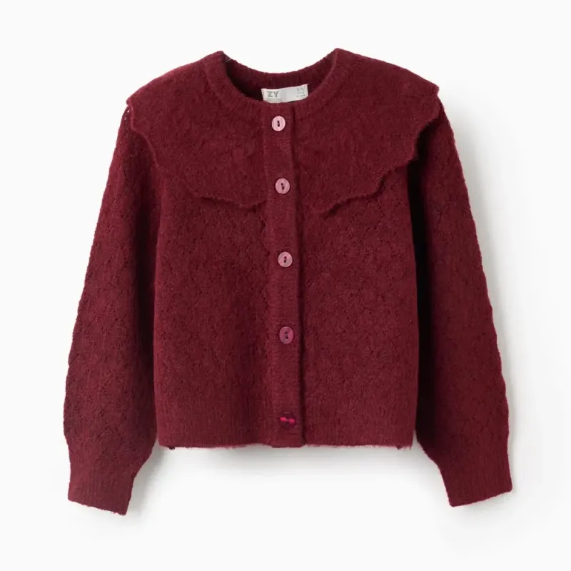 Bordo užsegamas megztukas mergaitei (3/4-13/14) - vaizdas iš priekio Bordo užsegamas megztukas mergaitei (3/4-13/14) - vaizdas iš priekio