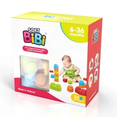 Sensorinės kaladėlės Soft Bibi (24 el) - vaizdas pakuotės baltame fone