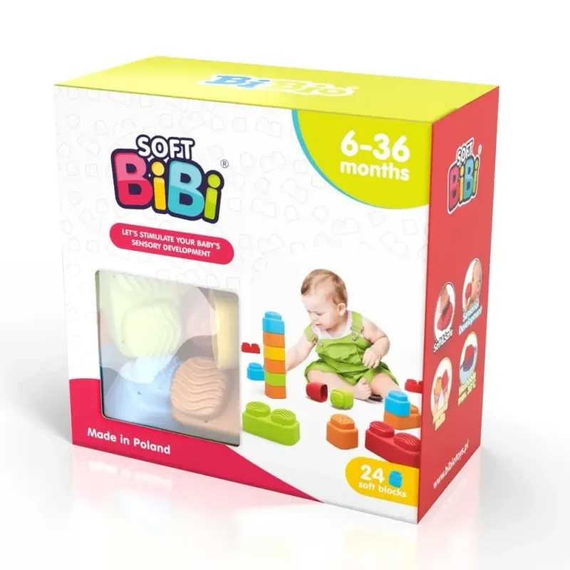 Sensorinės kaladėlės Soft Bibi (24 el) - vaizdas pakuotės baltame fone Sensorinės kaladėlės Soft Bibi (24 el) - vaizdas pakuotės baltame fone