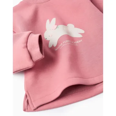 Rausvas termo džemperis Zuikis (6/9-24/36 mėn) - rankogaliai ir kiškučio iliustracija iš arti