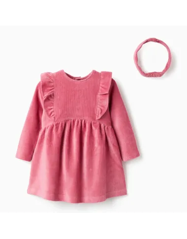 Rausva veliūrinė suknelė (6/9-24/36 mėn) - vaizdas iš priekio