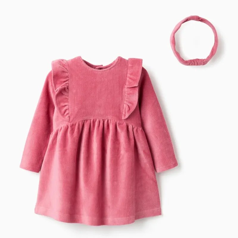 Rausva veliūrinė suknelė (6/9-24/36 mėn) - vaizdas iš priekio