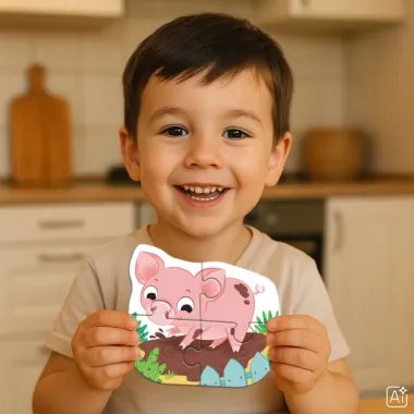 Vaikas laiko didelių detalių dėlionę su kaiulyte