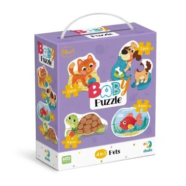 Dodo didelių detalių dėlionė Augintiniai - dėlionės dėžutė su vėžliuku, kačiuku, šuniuku, žuvyte