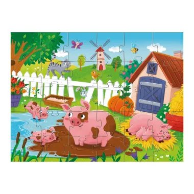 Ryški dėlionės iliustracija su kiaulyte ir paršeliais