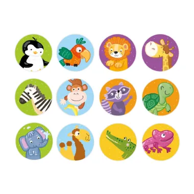 Atminties lavinimo kortelės su laukiniais gyvūnais: papūga, liūtas, krokodilas, zebras ir kiti