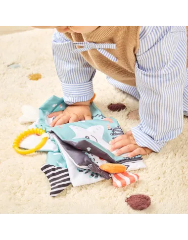 Medžiaginė lavinamoji knygelė kūdikiams gimimo su jūros gyvūnų iliustracijomis. Medžiaginė lavinamoji knygelė kūdikiams gimimo su jūros gyvūnų iliustracijomis.