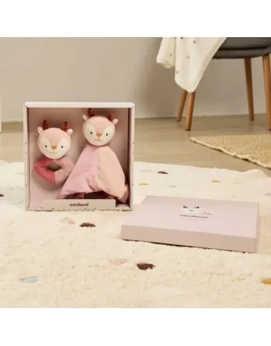 Miniland dovanų rinkinys kūdikiams Elniukė su barškučiu ir migduku dėžutėje