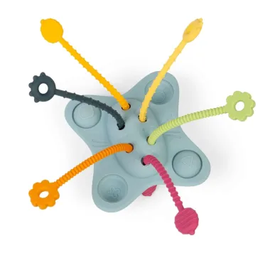 Kūdikių sensorinis žaislas iš maistinio silikono – virvelės ir spaudžiami mygtukai.