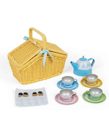 Medinis pikniko rinkinys pintinėje vaikams - arbatinukas, puodeliai, lėkštės.