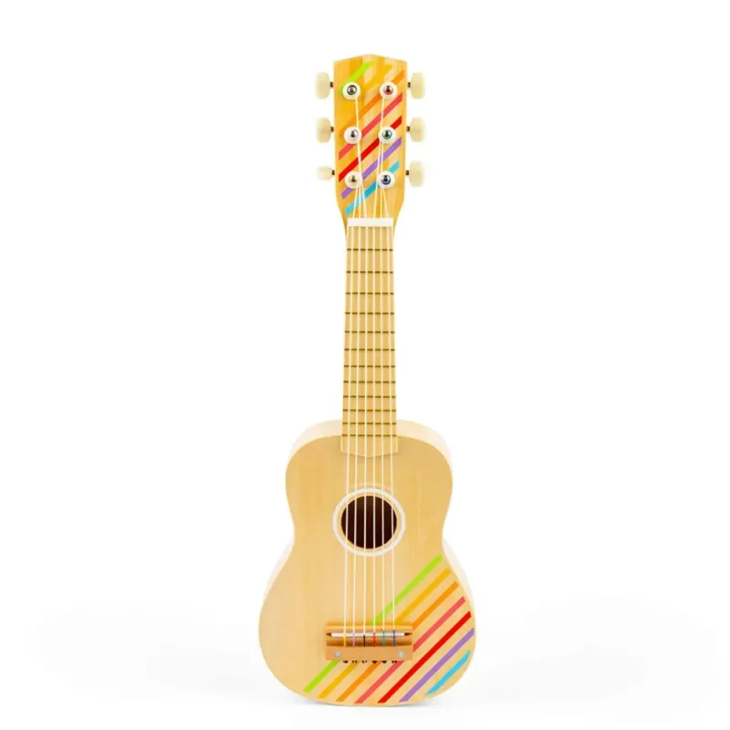 Medinė gitara vaikams su vaivorykštės juostomis.