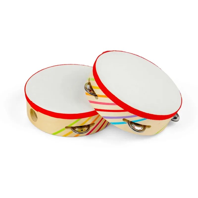 Medinis tamburinas vaikams su vaivorykštės juostomis.