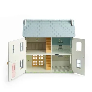 Medinis lėlių namelis Summer Cottage su nuimamu pilku stogu.